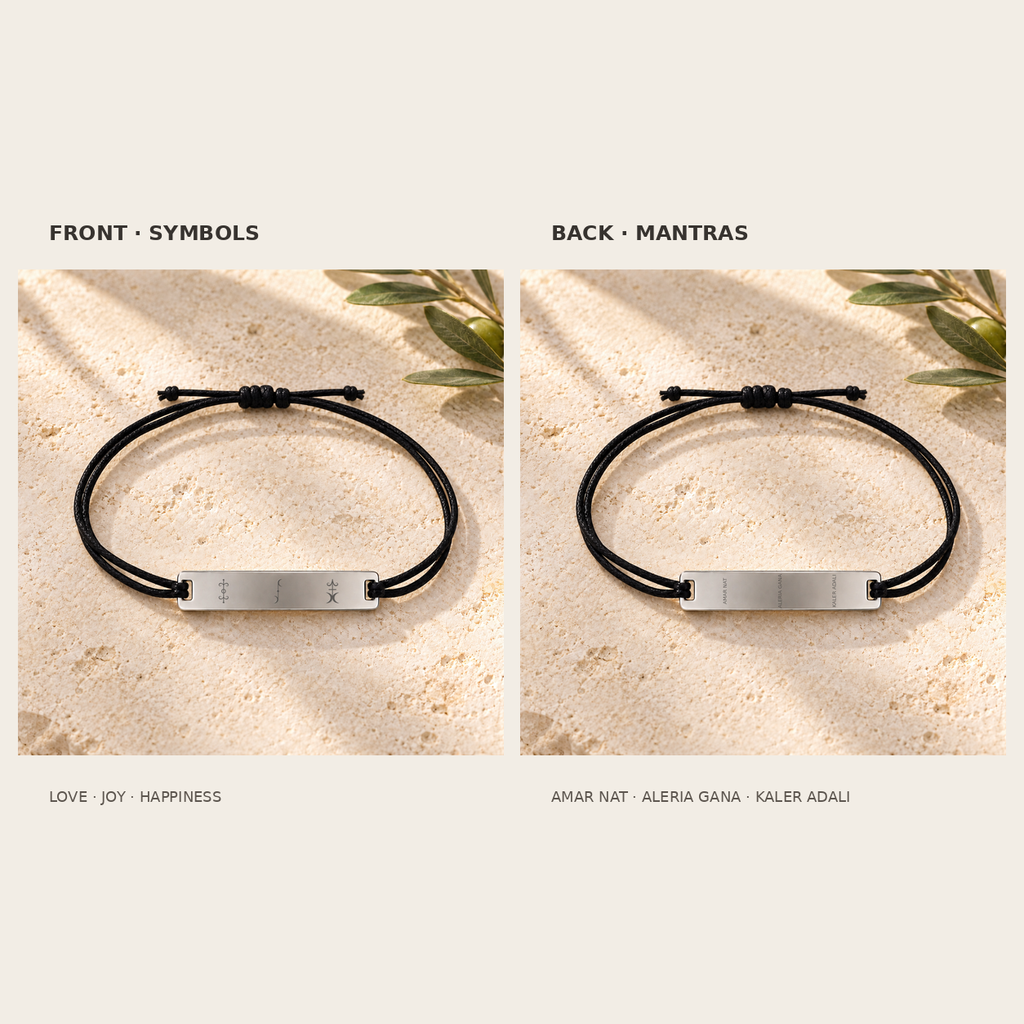 Love, Joy and Happiness bar bracelet showing front symbols and reverse mantras