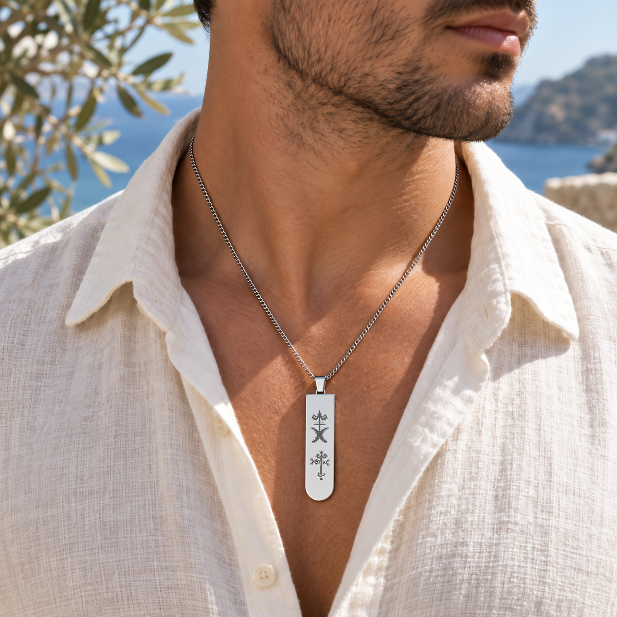 Men's Happiness and Protection necklace worn on the neck