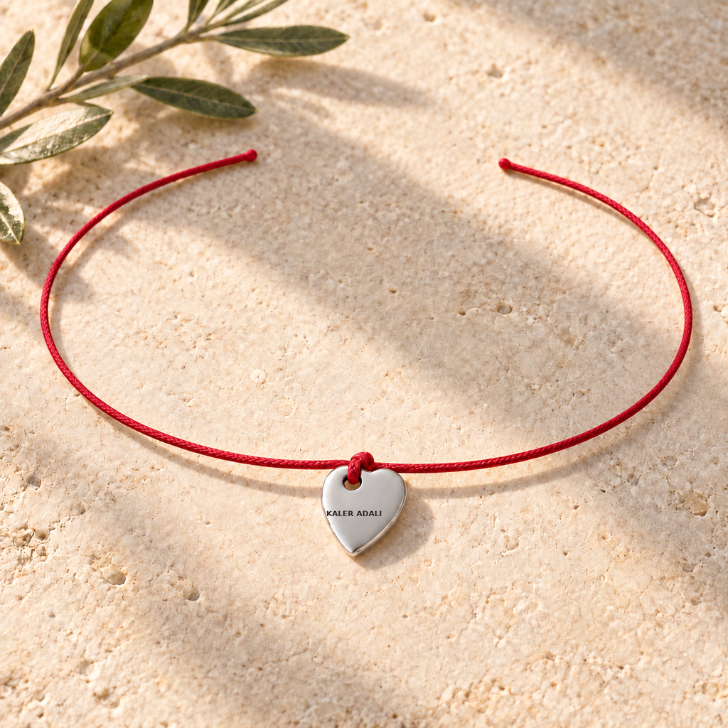 Happiness bracelet in silver with red cord, back with Kaler Adali mantra