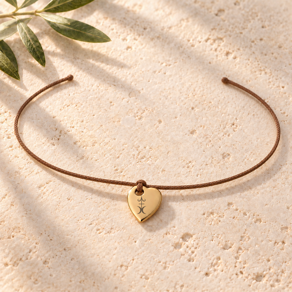 Happiness bracelet in gold with brown cord, front view