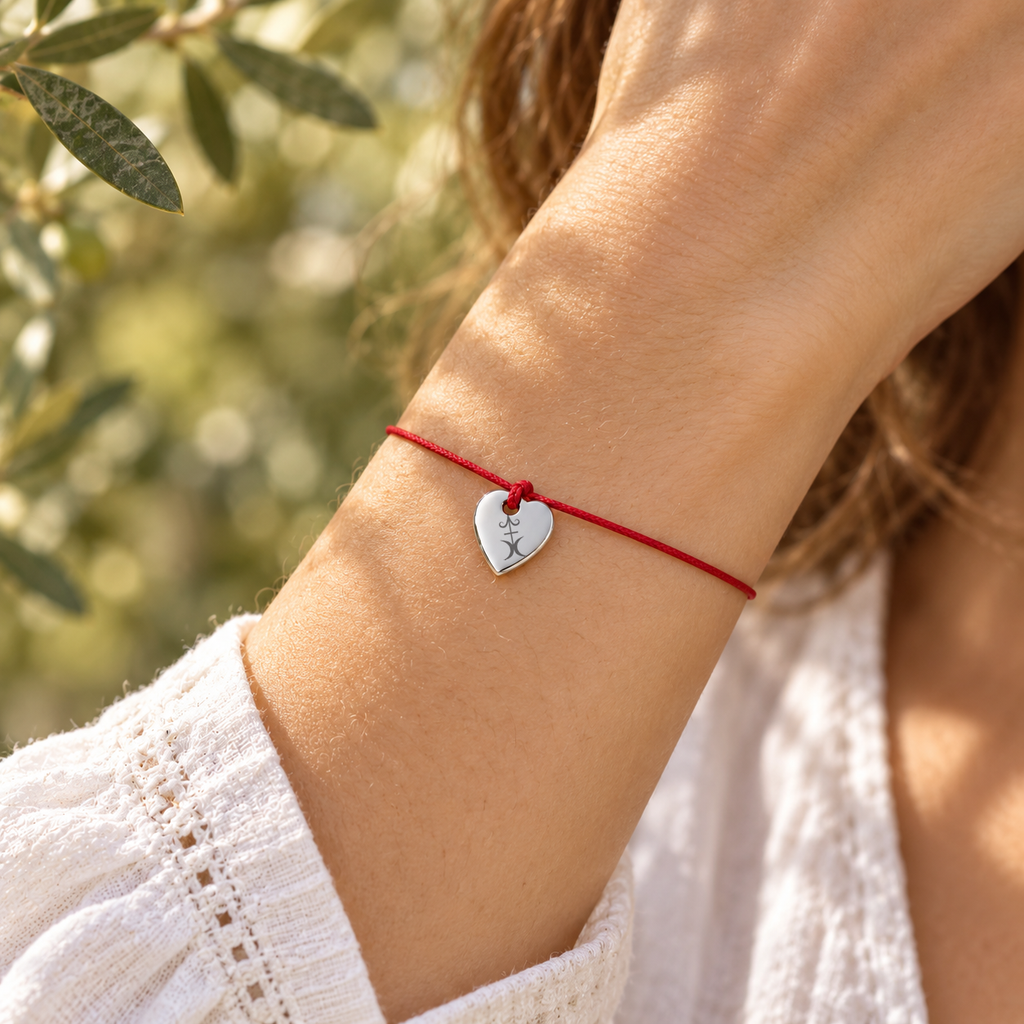 Happiness bracelet in silver with red cord worn on a woman's wrist