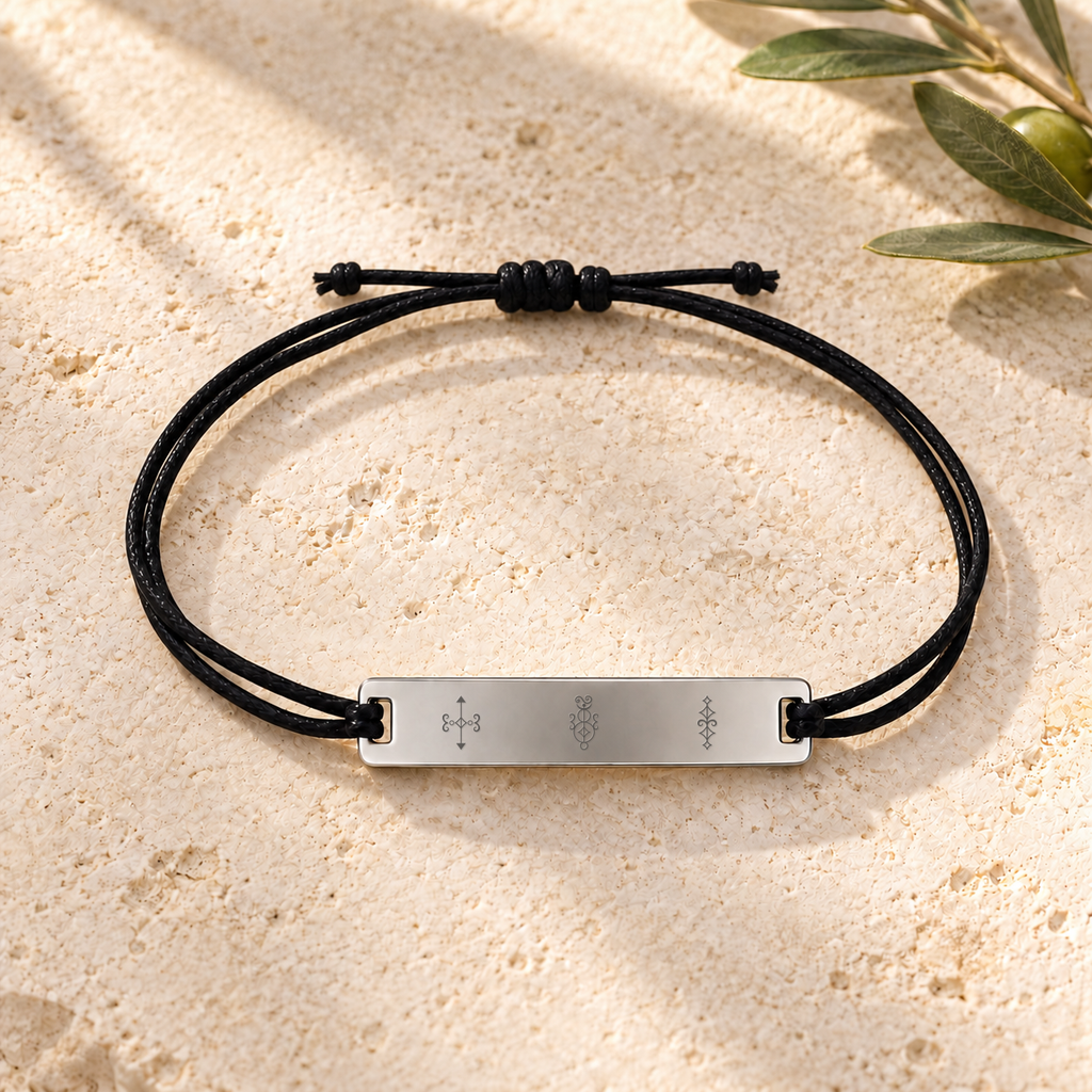 Wealth and Well-Being Bracelet – front view with Wisdom, Wealth and Materialization symbols